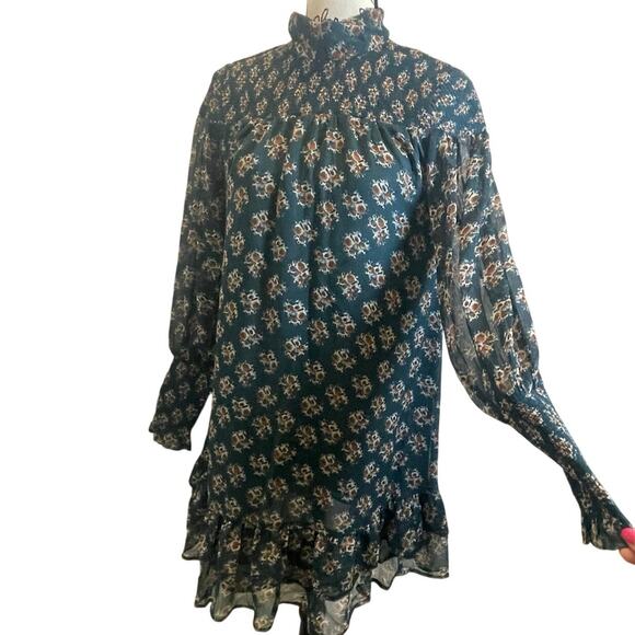 WALTER BAKER MINI DRESS MESSY MOCK FLORAL GREEN RUCHED CUFFS SZ S RUFFLES PREPPY - Picture 9 of 16